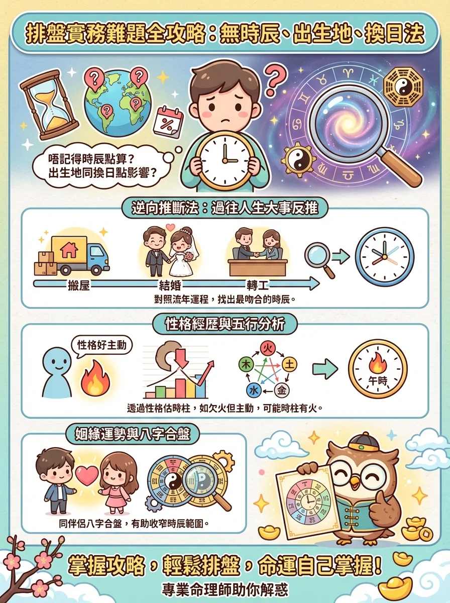 排盤實務難題全攻略：無時辰、出生地、換日法